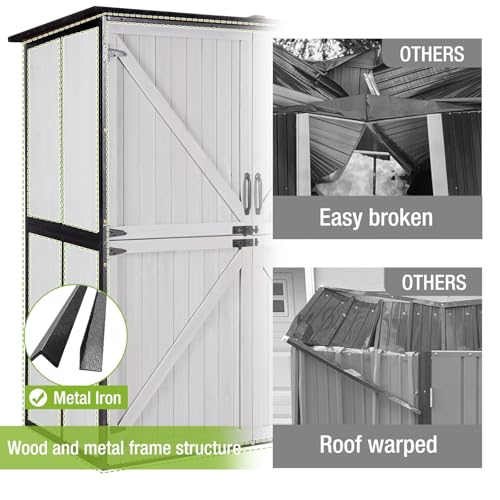 GUTINNEEN Outdoor Storage Shed with Metal Frame,Wooden Tool Cabinet with Adjustable Shelfs, House Garden Shed for Backyard Garden Patio Lawn - size: 55"W White