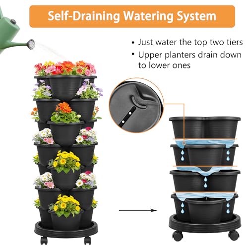 VECELO 7 Tier Vertical Garden Planter, Self Watering Stackable Planters with Wheels for Strawberries, Herbs, Flowers, Vegetables, Black - color: Black, size: 7 Tier