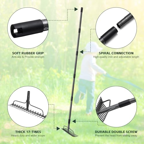 77'' Bow Rake Heavy Duty Garden Rake with Stainless Steel Handle,Tines Metal Head Rake Tool for Loosening Soil Gathering Leaf Leveling Lawn Farming Land Management Yarn Thatch Rake - size: 77"
