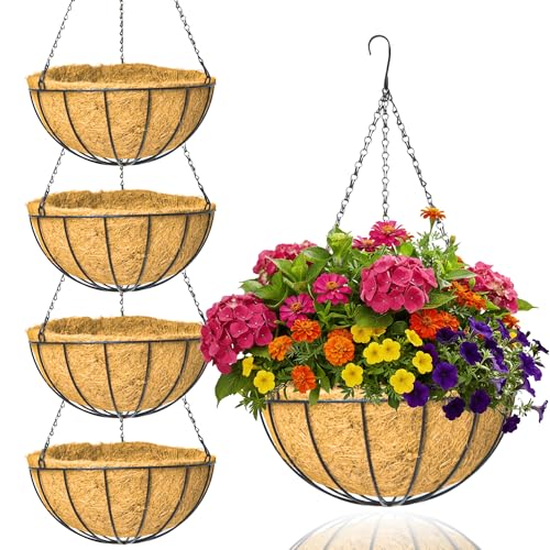 4 Pack 12 Inch Brown Outdoor Metal Hanging Planter Basket Hanging Planters Flower Pot Round Modern Flower Holder Pot Garden Accessory（Watermelon Style） - color: Watermelon