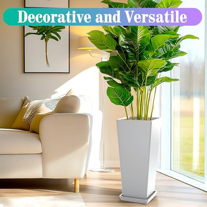 TUYOHW 24 Inch Tall Tapered Square Planters (Set of 2) - Indoor Outdoor Large Flower Pots with Built-in Drainage & Matching Water Tray for Patio, Garden, Home - White - color: White