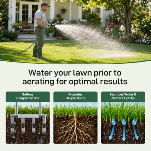 Manual Lawn Aerator with 4 Hollow Tines, Core Plug Design, Sturdy Footrest, Pre-Assembled – Heavy Duty Tool for Loosening Compacted Soil, Yard Aeration & a Thriving Lawn