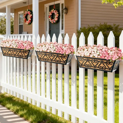 4 Pack 16 Inch Deck Railing Planter Box - Window Boxes Planters with Adjustable Brackets Coco Liners Balcony Planters Railing Hanging for Window Flower Boxes Outdoor Garden Decor - size: 16 Inch