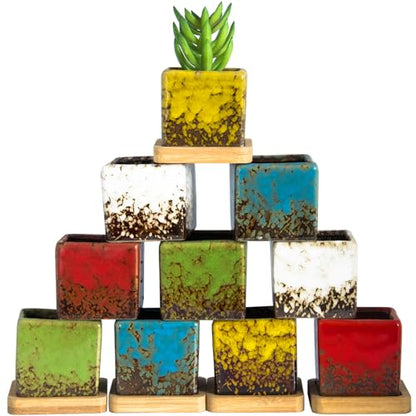 Set of 10 Succulent Pots with Drainage Trays, Small Square Plant Pots Bulk - color: 2.1"colorful - 10pcs