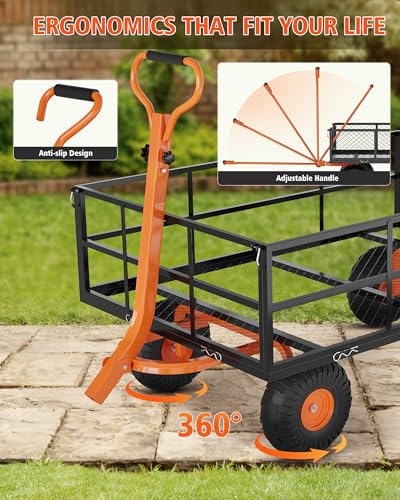 1200 LBS Heavy Duty Steel Garden Cart, 3-in-1 Yard Wagon, 13" Air Tires - color: Black + Orange, size: 1200LBS