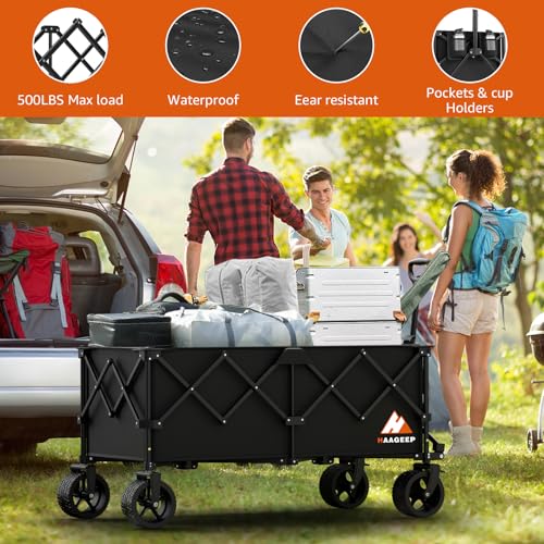 Collapsible Wagon Cart with Wheels Foldable - Folding Utility Heavy Duty Wagons Carts for Grocery Sports Garden Shopping Camping Wheelbarrows (Black,300L) - color: Black, size: X-Large