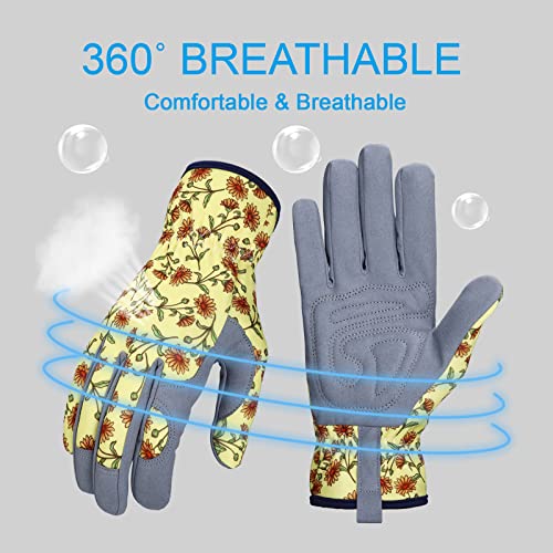 Bamllum Gardening Gloves for Women, Leather Garden Gloves - color: Grey+yellow