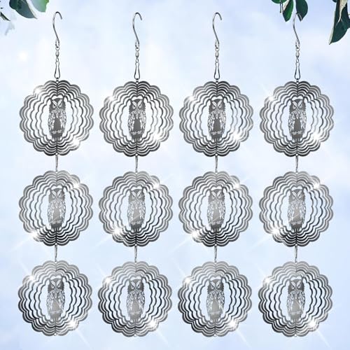 Owl Bird Deterrents for Outside,3D Stainless Steel Wind Spinners Outdoor Decor,Reflective Bird Scare Discs Set,Shiny Bird Reflectors to Keep Woodpecker Pigeon Away from House Patio Yard Porch - color: Silver Owl(4 Set)