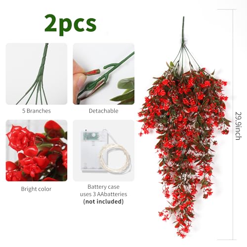 RECUTMS 2Pcs Artificial Red Hanging Flowers with Lights for Outdoor Decor - color: Lights Red-rose