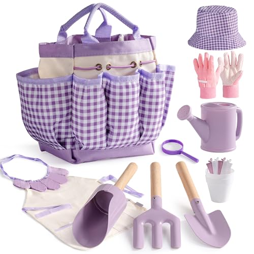 ROBOTIME Kids Gardening Set, 17PCS Toddler Gardening Tools, Toddler Gardening Set with Apron, Hat, Gloves, Watering Can & Tool Bag – Outdoor Play Garden Kit for Kids for Hands-On Learning (Purple ) - color: Purple