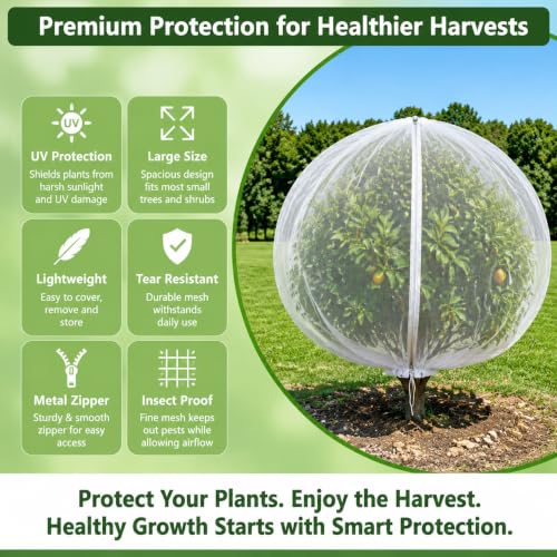 2 Pack 13x13ft Extra Large Fruit Tree Netting with Double Zipper & Double Drawstring, Heavy Duty Bird Netting for Fruit Trees, Reusable Tree Net to Protect from Birds, Squirrels, Deer