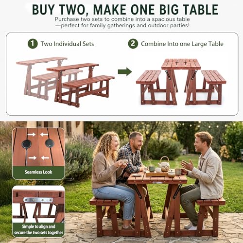 2-IN-1 Convert A Bench Picnic Table Wood Bench to Table With Umbrella Hole - size: 55inch