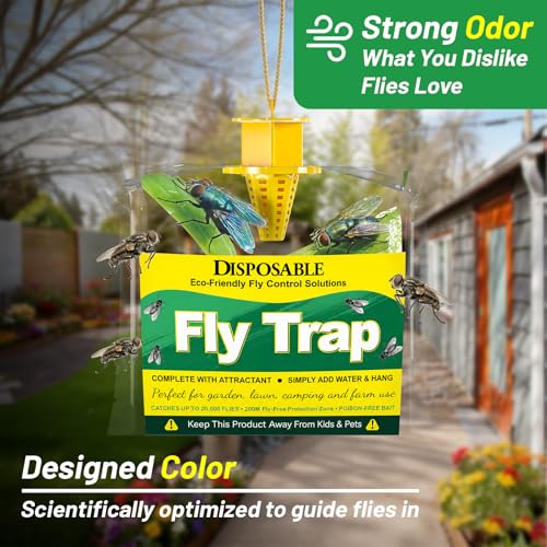 Fly Traps Outdoor with Food Bait, Disposable Flies Bags Outside, Hanging Flying Insect Control, Pest Killer Repellent, Bug Catchers Backyard, Patio, Ranch, Trash Can, 6 Pack