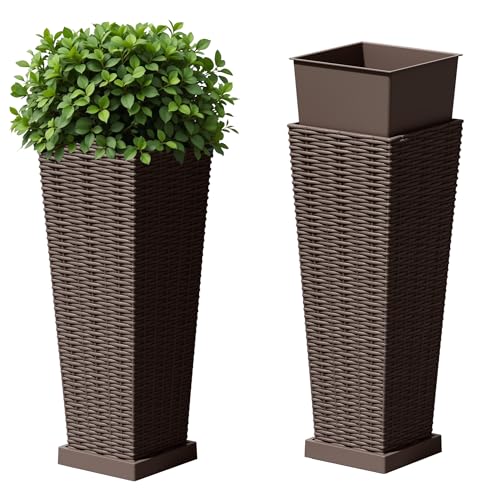 Devoko Resin 23.6'' Tall Planters, Large Taper Outdoor Planter - color: Brown, size: 23.6" With Trays