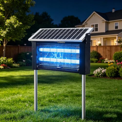 20W Solar Bug Zapper Outdoor Waterproof, LANGY 20W w/10000mAh Battery Electric Mosquito Killer Zapper Fly Insect Mosquitos Trap with Auto On/Off & 16.4ft Cord for Yard Camping Garden RV Home - size: 20w with 2 UV lights