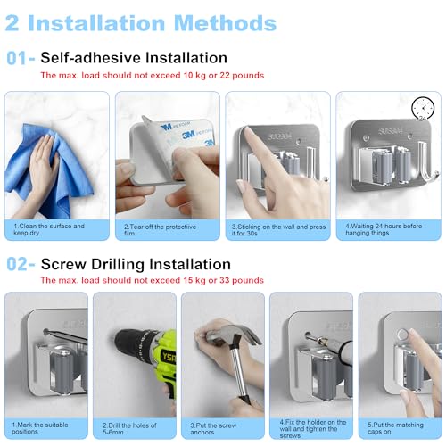 4 Pack Stainless Steel Mop and Broom Holder Wall Mount with Hook, Silver - color: A-Silver, size: 4PCS Gripper
