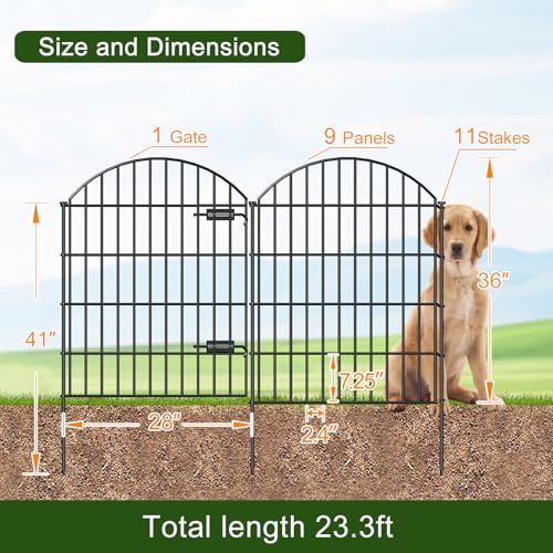 Metal Garden Fence with Gate 36 in x 23.3 ft, Dog Fence Outdoor for Yard - size: 36"Hx23.3ft (Gate+9Panels)