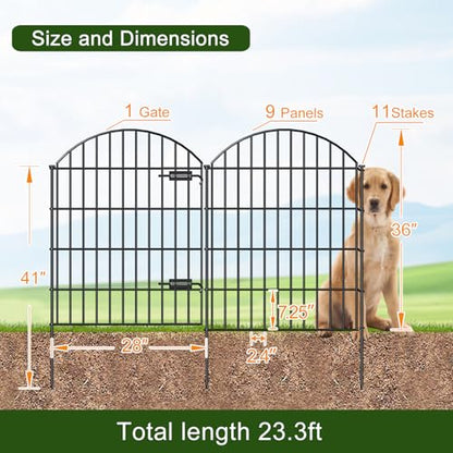 Metal Garden Fence with Gate 36 in x 23.3 ft, Dog Fence Outdoor for Yard - size: 36"Hx23.3ft (Gate+9Panels)
