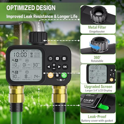 Sprinkler Timer 2 Outlets, Programmable Water Hose Timer with Rain Delay/Manual/Automatic Watering System, Outdoor Digital Automatic Irrigation for Garden Yard Lawn with Large Display(Black)