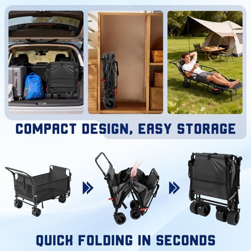 LEVELEVE Heavy Duty Folding Wagon - 2-in-1 Collapsible Cart, All-Terrain Wheels w/Brakes & Side Pockets (Dark Gray, 650lb Capacity) - color: Dark Grey, size: Large