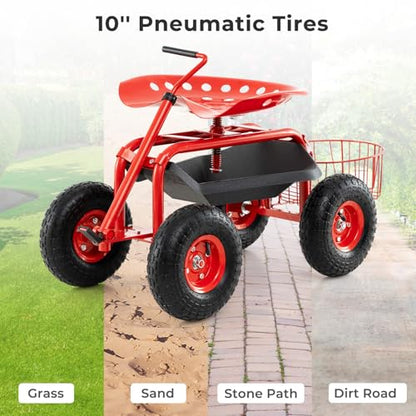 Rolling Garden Seat, Garden Stool with Wheels, Extendable Handle, Storage Basket & Tool Tray, Garden Scooter with 360 Degree Swivel Seat for Outdoor, Garden & Yard (Red) - color: Red