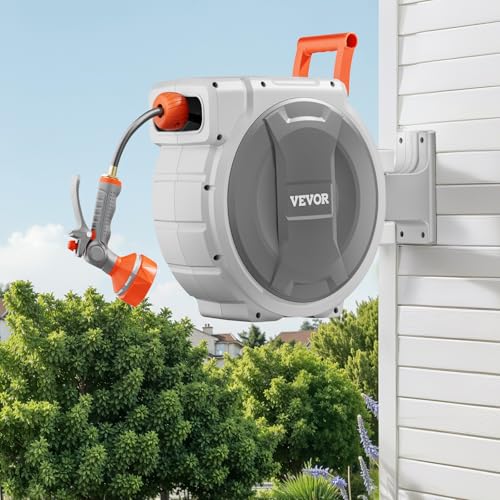 VEVOR Retractable Garden Hose Reel, 1/2 Inch x 84 ft Wall Mounted Heavy Duty Garden Hose Reel with 9 Patterns Nozzle, Any Length Lock, Upgraded Slow Return System and 180°Swivel Bracket - size: 1/2 in x 84 ft