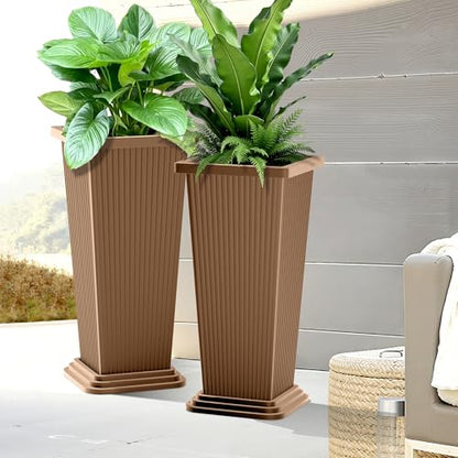 FENCY Set of 2 Tall Planters for Outdoor Plants, Brown Ribbed - color: Brown-square Ribbed