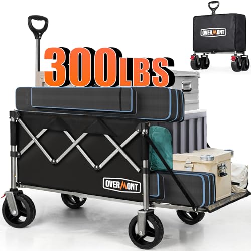 Overmont Folding Wagon with Tailgate, 300 lb Heavy Duty Collapsible Wagon - color: Black