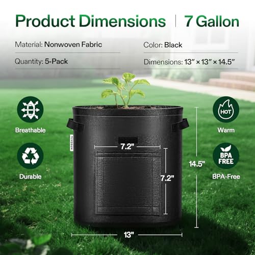 VIVOSUN 5-Pack 7 Gallon Potato Grow Bags, Roll-up Harvest Window - color: Black, size: 7 Gallon
