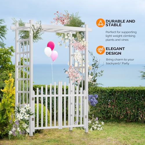 VINGLI Garden Arbor with Gate, PVC Wedding Arch for Ceremony Party, Garden Trellis for Climbing Plants Outdoor, Arch Backdrop Stand for Garden, Backyard, Lawn, Wedding