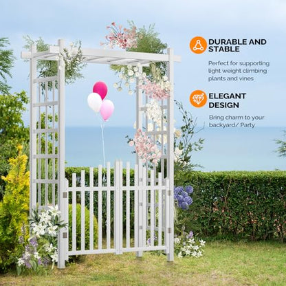VINGLI Garden Arbor with Gate, PVC Wedding Arch for Ceremony Party, Garden Trellis for Climbing Plants Outdoor, Arch Backdrop Stand for Garden, Backyard, Lawn, Wedding