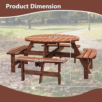 Outdoor Picnic Table for 8 Person, Wooden Picnic Tables with 4 Built-in Benches and Umbrella Hole Outside Table and Bench Set Round Picnic Table for Garden, Backyard, Porch,Patio （Natural - size: 8Person-Round-B