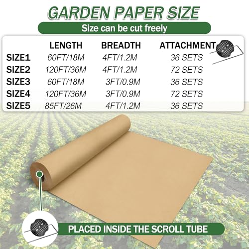 60 x 3 Ft Biodegradable Paper Weed Barrier, Garden Paper Weed Barrier with U-Shaped Ground Nails, Biodegradable Landscape Fabric, Weedguard Plus Paper Mulch for Weed Control & Holds Soil Moisture - size: 60*3ft