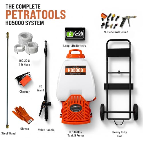 PetraTools Battery Sprayer w/Wheeled Cart - 9 Nozzles, 3 Hoses, 2 Wands - style: HD5000 Pro Series