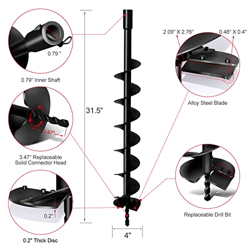 LONGRUN Earth Auger Drill Bit for Garden Fence Post, 4" x 31.5" Post Hole Auger, 0.79”(20mm) Inner Shaft Auger Bit for Planting Trees and Bedding, Bulbs, Seedlings, Gardening, Large Fencing Digger - color: Black, size: 4 Inch