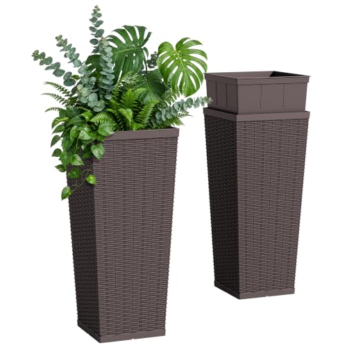 Flamaker 30“ Tall Plastic Planters with Drainage Holes Front Porch Set of 2 - color: Brown, size: 30" H