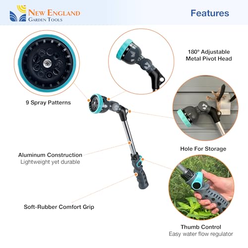 18 Inch Heavy Duty Metal Watering Wand with 9 Spray Patterns 600001, Flexible 180° Head, Thumb Flow Control, Comfort Grip, for Plants, Lawn, Garden, Car Washing & Cleaning, by New England Garden Tools - size: 18 Inch - 9 Pattern