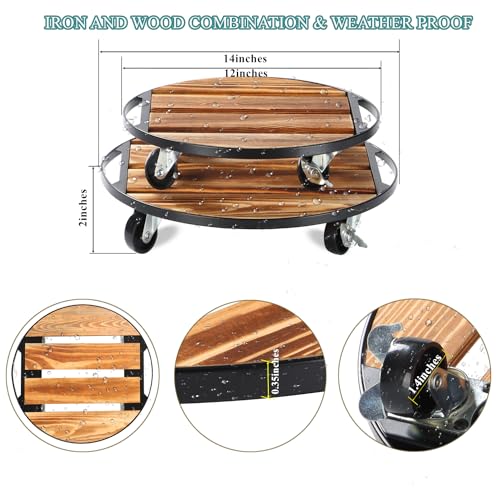 2 Pack Plant Caddy with Wheels,14" + 12" Rolling Plant Stand 264 LB Heavy Duty, Iron and Wood Round Plant Dolly with Metal 360° Lockable Wheels for Outdoor Indoor Large Plant Pots, Patio, Flower Pot - size: 14"&12"