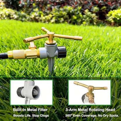 [2 Pack] 3-Arm Rotary Sprinkler Brass Nozzle Metal Spike Base - size: 2 Pack