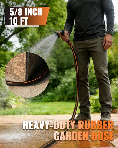 10FT x 5/8" Rubber Garden Hose, Heavy Duty Garden Water Hose, 300 PSI Working, 1000 PSI Burst, Swivel Handle with Stainless Steel Ring, 5-Layer Braided, All-Weather Outdoor Use, BG10GH06 - color: Black+Orange, size: 10FT 5/8