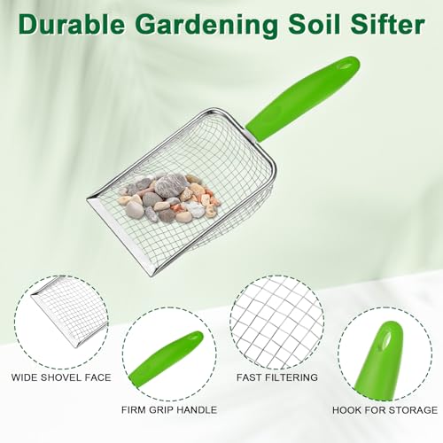 M METERXITY 2-Pack Gardening Soil Sifter, 5, 1 mm Mesh Stainless Steel Portable Gardening Sifter with Plastic Handle for Sand/Dirt/Rock Compost [White, Green] - color: White, Green, size: 5.0X5.0mm,1X1mm
