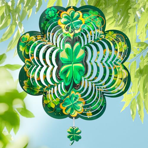 St. Patrick's Day Wind Spinner, St Patricks Day Decorations Gifts for Women, 3D Shamrock Hanging Wind Spinners for Outdoor & Indoor Decor, 12 Inch Metal Wind Spinner for Garden Yard Home Ornament - color: Green Clover(1 Set)