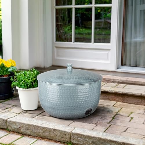 Monarch Abode Garden Hose Holder with Lid – Decorative Water Hose Holders for Outside, Hand Hammered Metal Patina Pot with Drainage, 100ft Waterhose Holder for Outside, Garden Storage Caddy - color: Patina