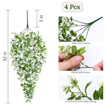 Waipfaru 4pcs Fake Hanging Plants, Faux Ivy Fake Vines Greenery - color: White Flowers, size: 4Pcs Plants