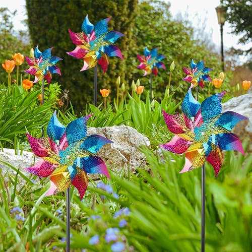 Hausse 10 Pack Reflective Pinwheels Wind Spinner (Assembly Required), Extra Sparkly Rainbow Pinwheel with Stakes, Bird Repellent Blinder Devices Scare Birds Away from Yard Patio Farm Garden, Colorful - color: Colorful