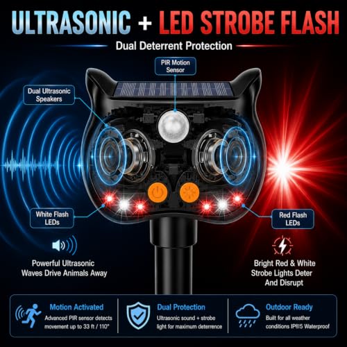 New Solar Animal Repellent Ultrasonic Outdoor for Deer Cat Skunk Squirrel Racoon Fortress Pro Animal Repeller Deterrent Devices with LED Strobe,Motion Sensor,Adjustable Volume and Modes for Yard,4 Pcs