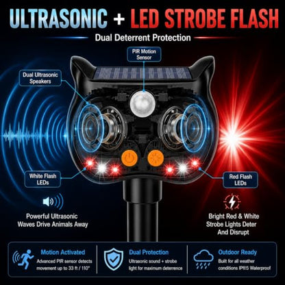New Solar Animal Repellent Ultrasonic Outdoor for Deer Cat Skunk Squirrel Racoon Fortress Pro Animal Repeller Deterrent Devices with LED Strobe,Motion Sensor,Adjustable Volume and Modes for Yard,4 Pcs