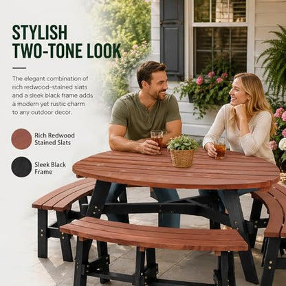 Wood Picnic Table with Benches &Umbrella Hole Elegant Triangle Outdoor Picnic Table for 3-6 People Reddish-Brown Tabletop and Black Legs for Backyard, Porch, Patio, Deck - size: 69inch