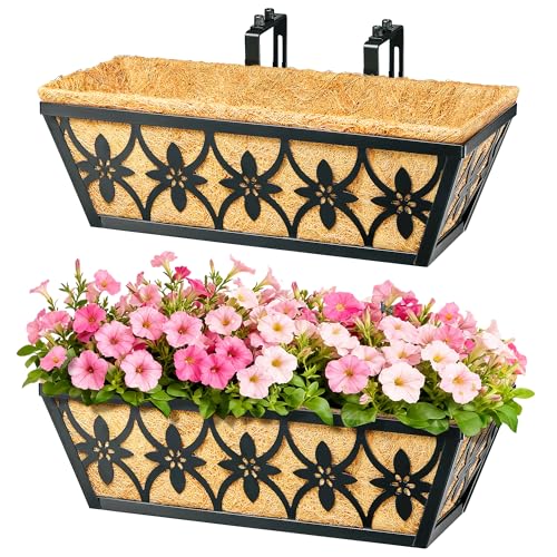 16 Inch Window Boxes Planters Railing Planter Box - 2 Pack Deck Railing Planter Boxes with Adjustable Brackets Coco Liners Balcony Planters Railing Hanging for Window Flower Boxes Outdoor Garden Decor - size: 16 Inch