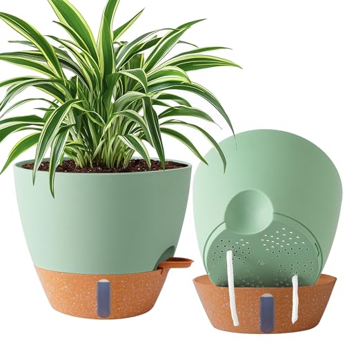 2 Pack 10 inch Plant Pots, Plastic Self Watering Planters - color: Green, size: 10 inch